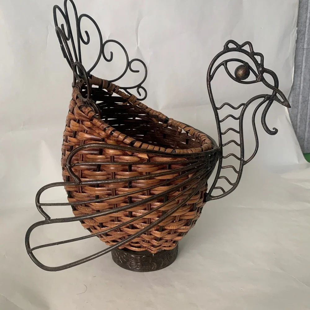 Woven Rattan Metal Turkey Decorative Basket Brown Fall Farmhouse Thanksgiving